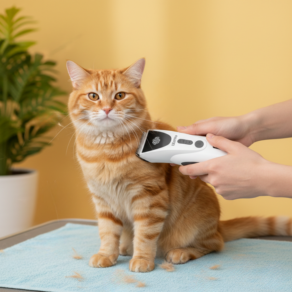 Corte de pelo a un gato naranja con la cortadora inalámbrica PT306