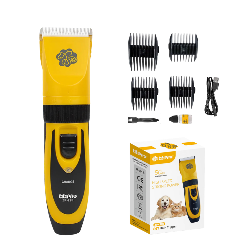 Máquina de cortar pelo LILIPRO PET ZP-295 amarilla con peines guía, cepillo, aceite, cable y caja