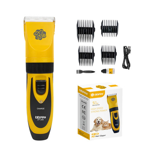 Máquina de cortar pelo LILIPRO PET ZP-295 amarilla con peines guía, cepillo, aceite, cable y caja