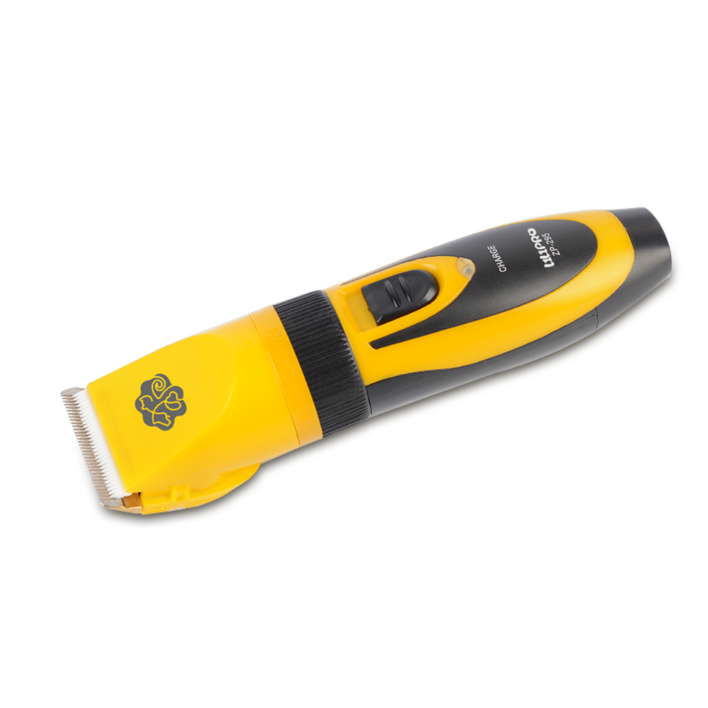 Máquina de cortar pelo ZP-295 amarilla y negra, vista lateral acostada