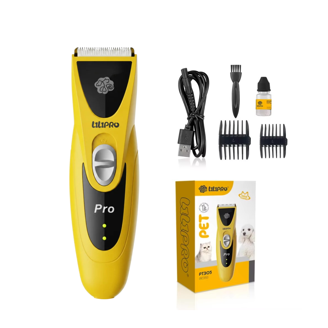 Cortadora profesional LILIPRO PET PT305 amarilla con peines guía, aceite, cepillo, cable y caja