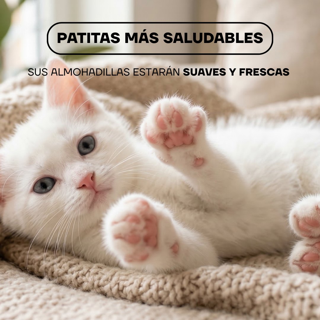 Gatito blanco mostrando sus patitas: almohadillas suaves y frescas con la PT209L