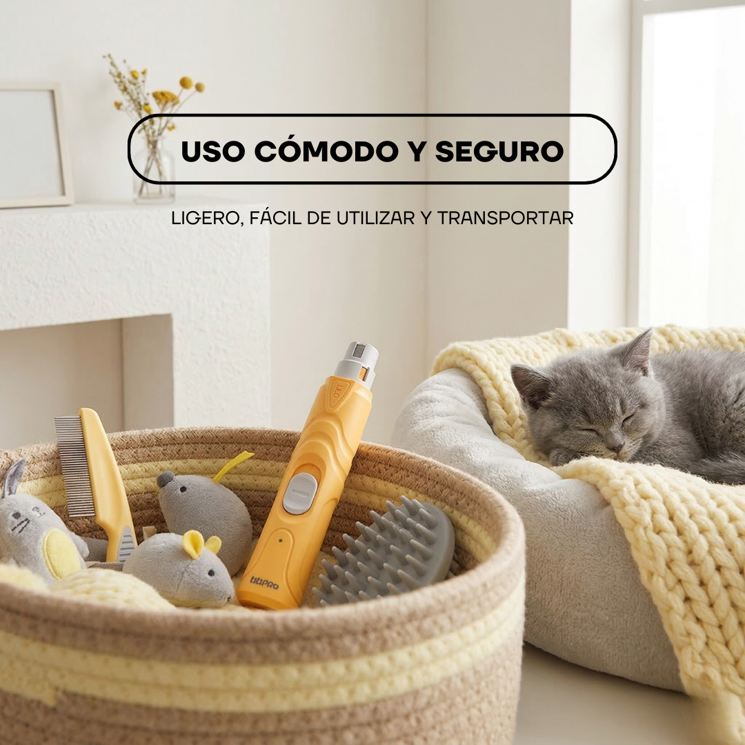 Gato en una canasta junto a la lima de uñas eléctrica PG100: uso cómodo y seguro