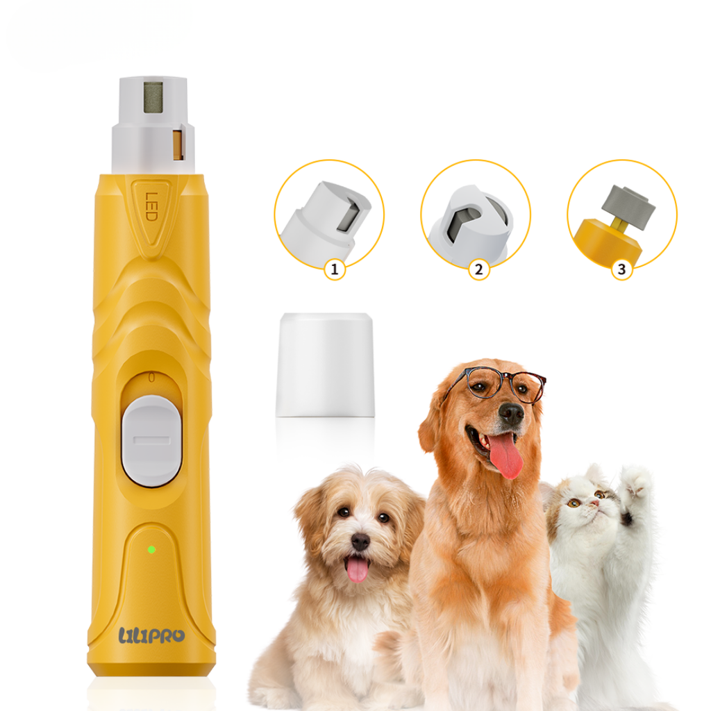 Lima de uñas PG100 con sus 3 cabezales junto a perros y un gato