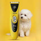 Perro bichón blanco junto a la máquina de cortar pelo PT305