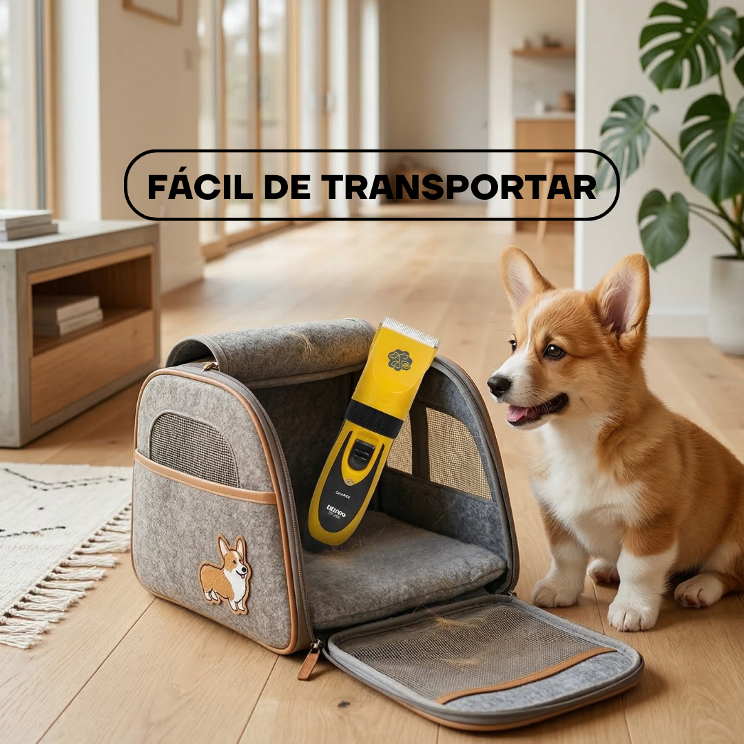Corgi junto a un bolso de transporte con la máquina ZP-295: fácil de transportar