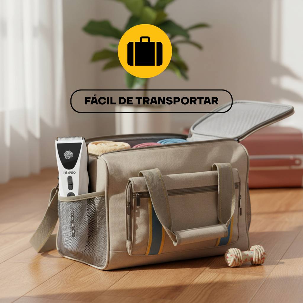 Cortadora de pelo PT306 guardada en un bolso de viaje: fácil de transportar