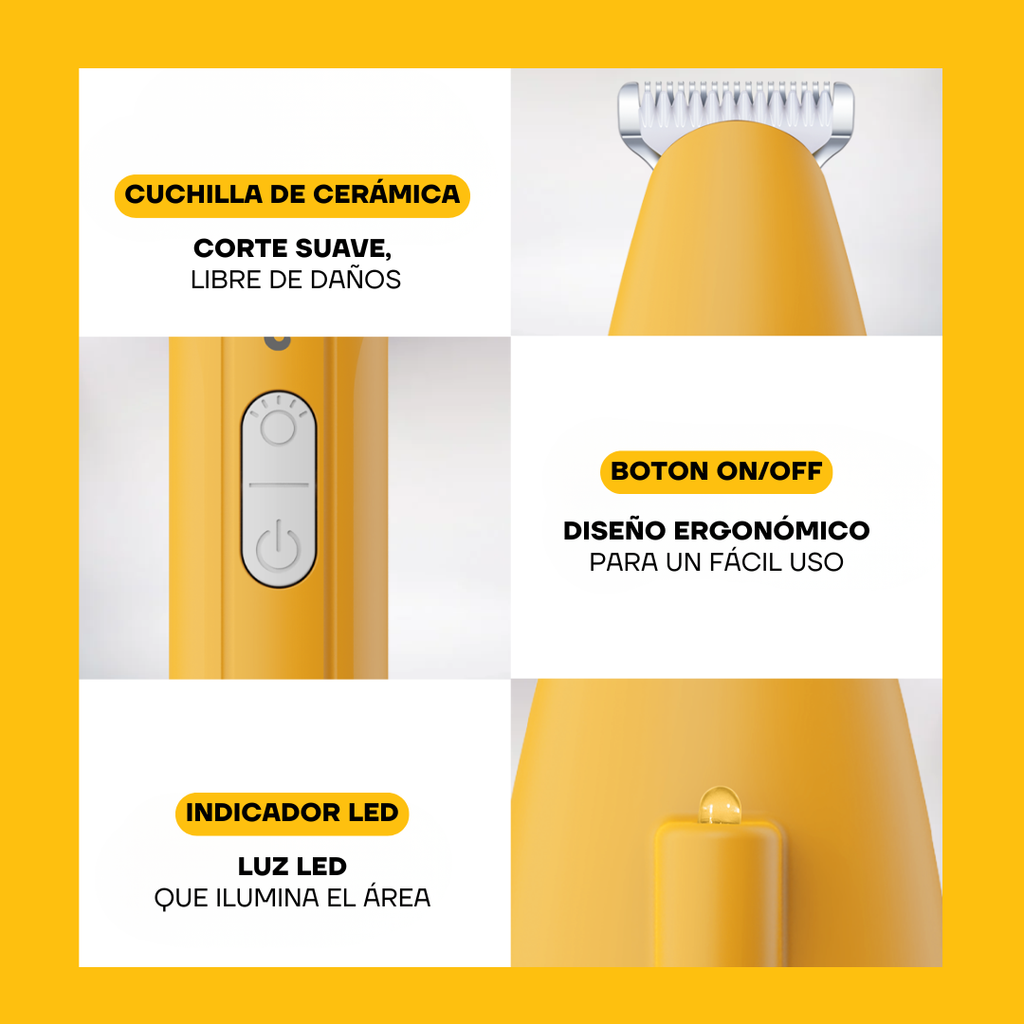 Detalle de la PT209L: cuchilla de cerámica, botón on/off e indicador LED