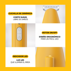 Detalle de la PT209L: cuchilla de cerámica, botón on/off e indicador LED
