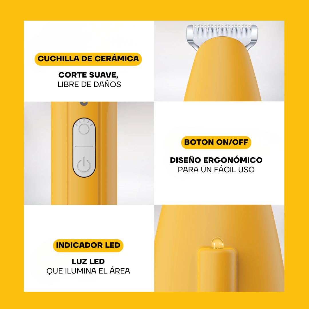 Detalle de la PT209L: cuchilla de cerámica, botón on/off e indicador LED