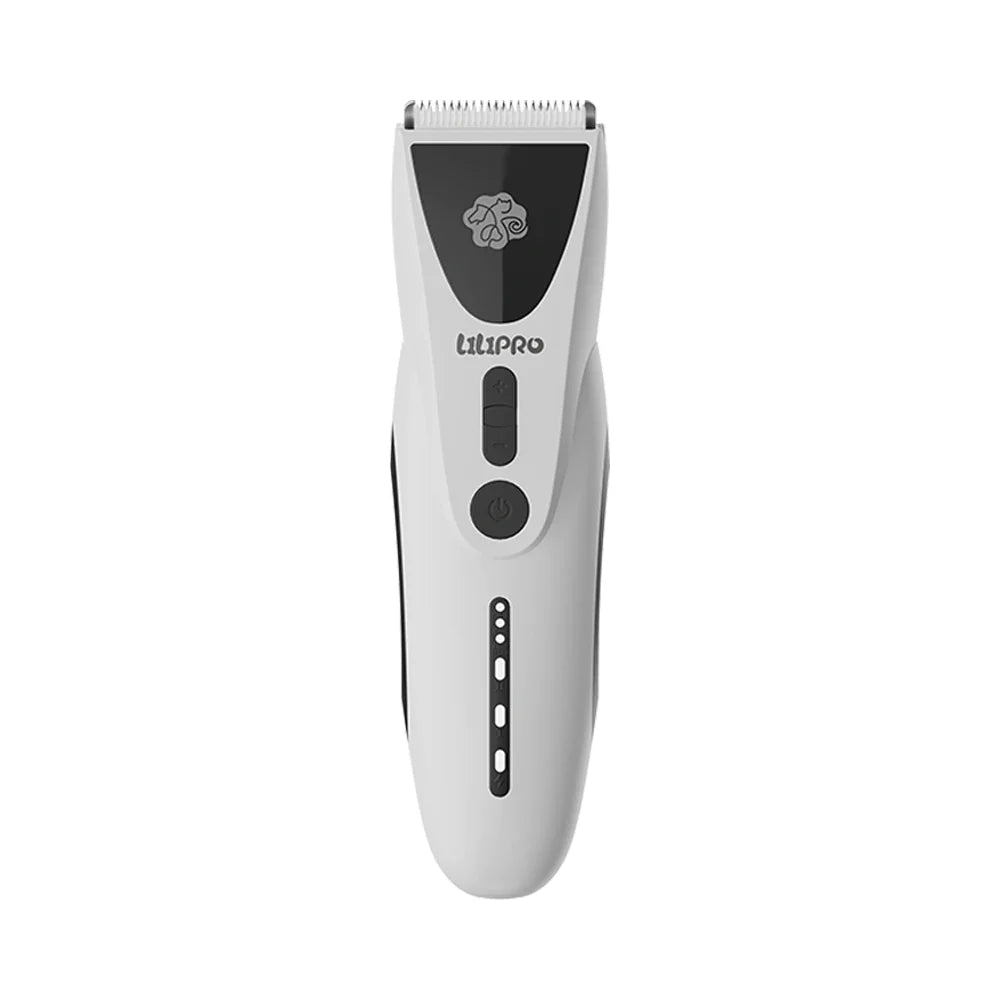 Máquina de cortar pelo PT306 blanca con indicador de batería, vista frontal